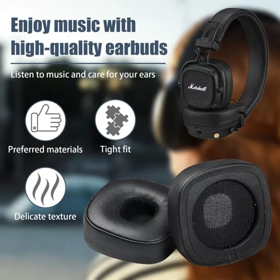 Coussinets De Rechange Pour Casque Marshall Major III Bluetooth - Cuir Protéiné Noir, Confort Mémoire De Forme